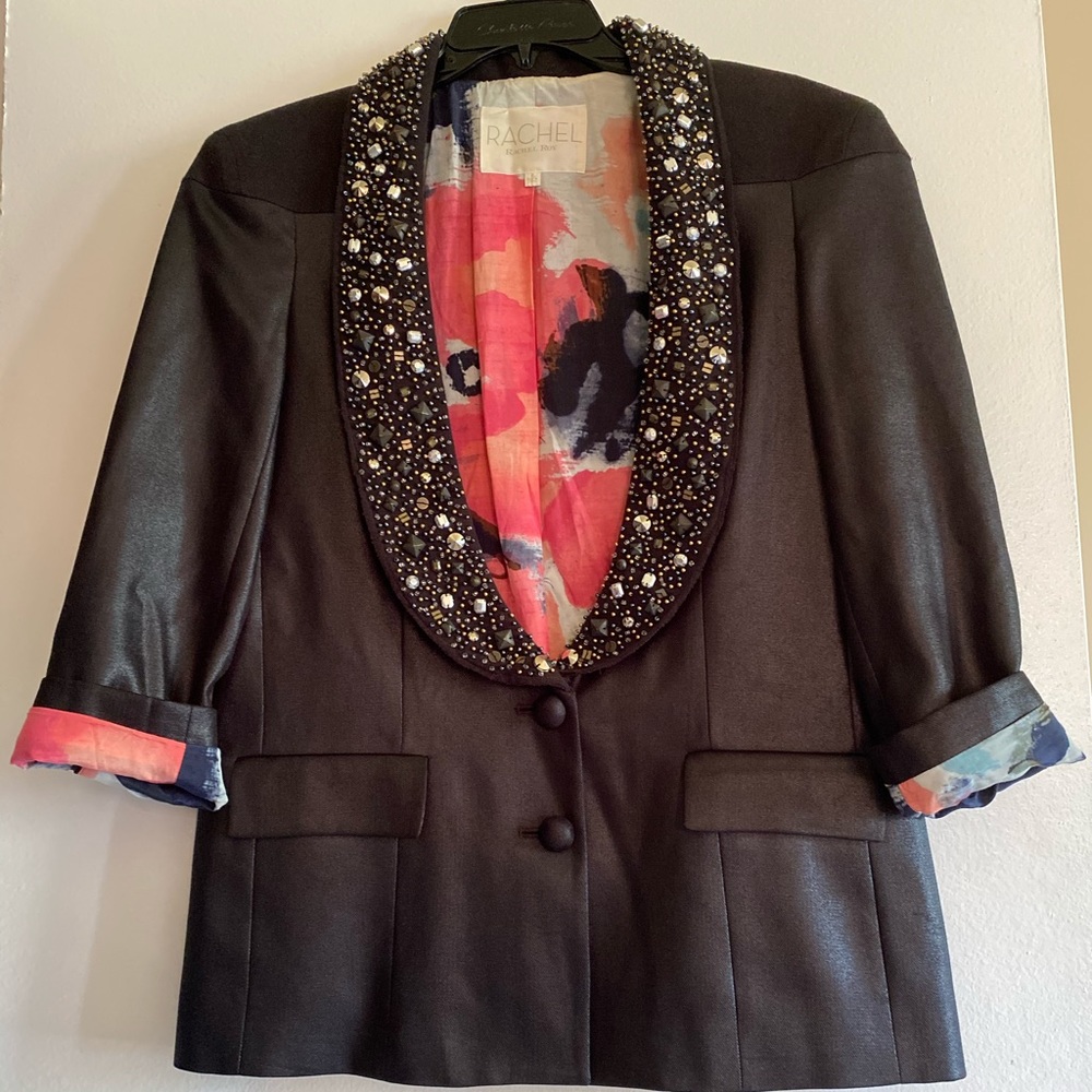 Rachel Roy Black Beaded Lined Coated Blazer Size 6